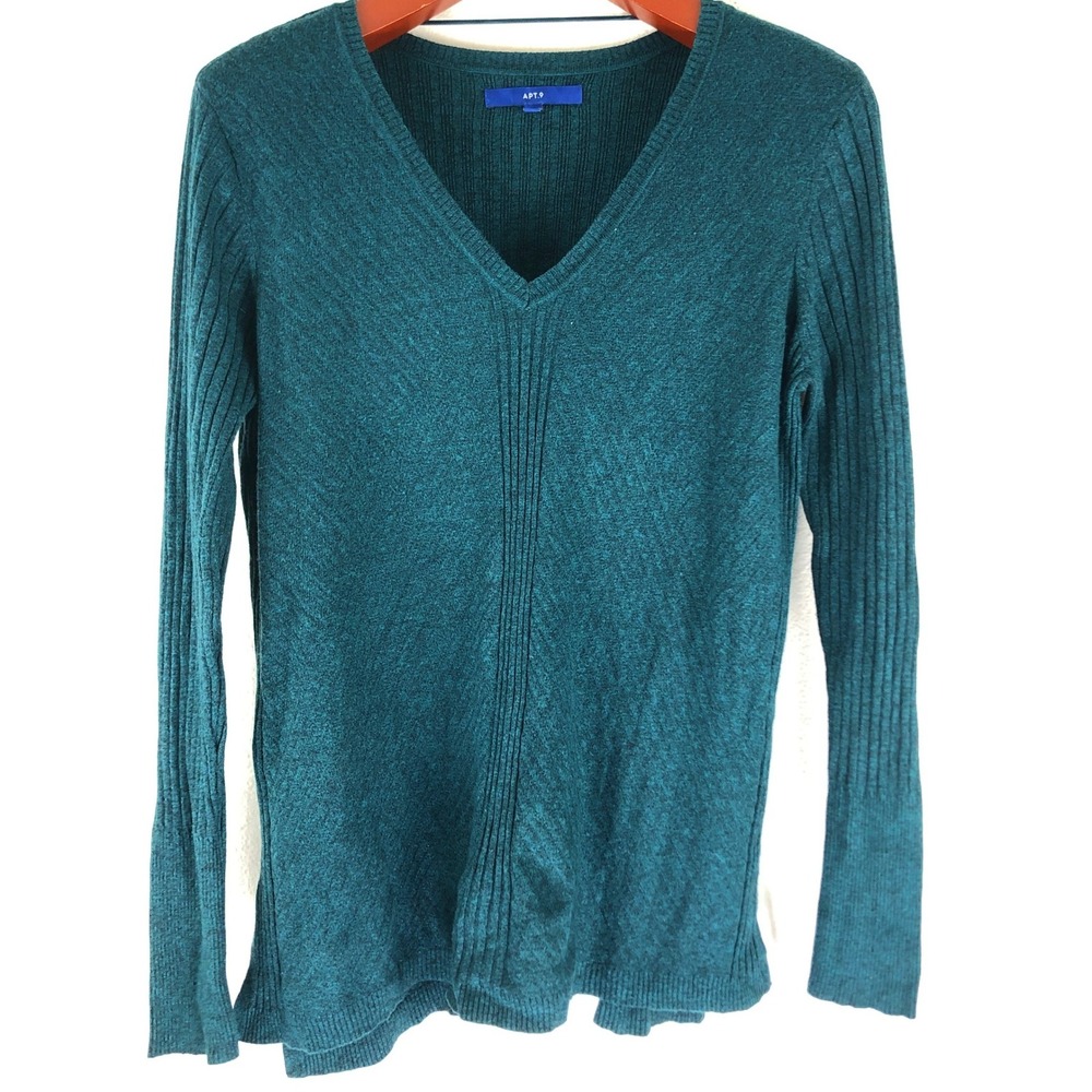 Mermaidcore Dark Academia Apt. 9 Teal Green Metallic Ribbed V-Neck Sweater L